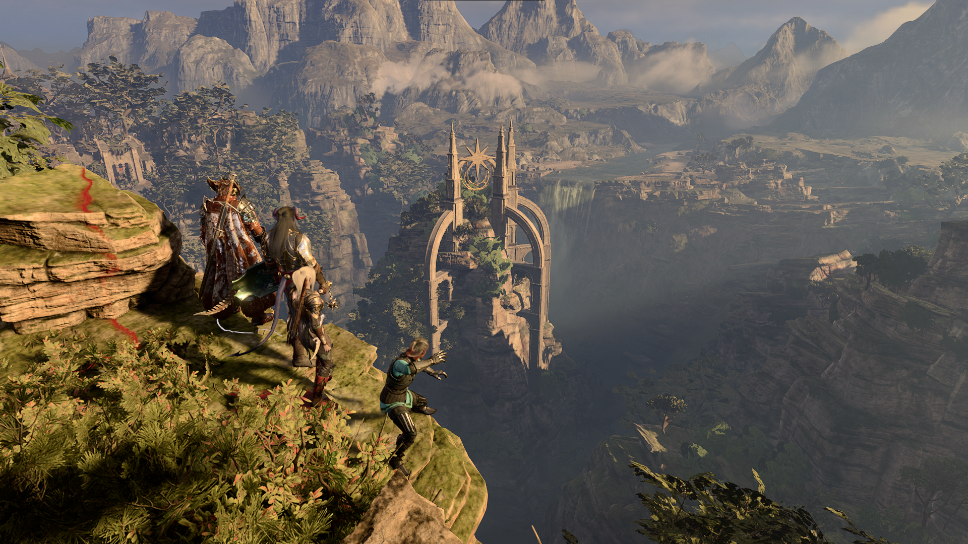 The company gathered on the mountain road overlooking the valley.